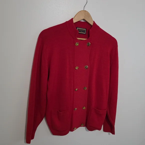 Vintage Straven Bright Red Ribbed Wool Cardigan with Gold Buttona - Picture 5 of 9